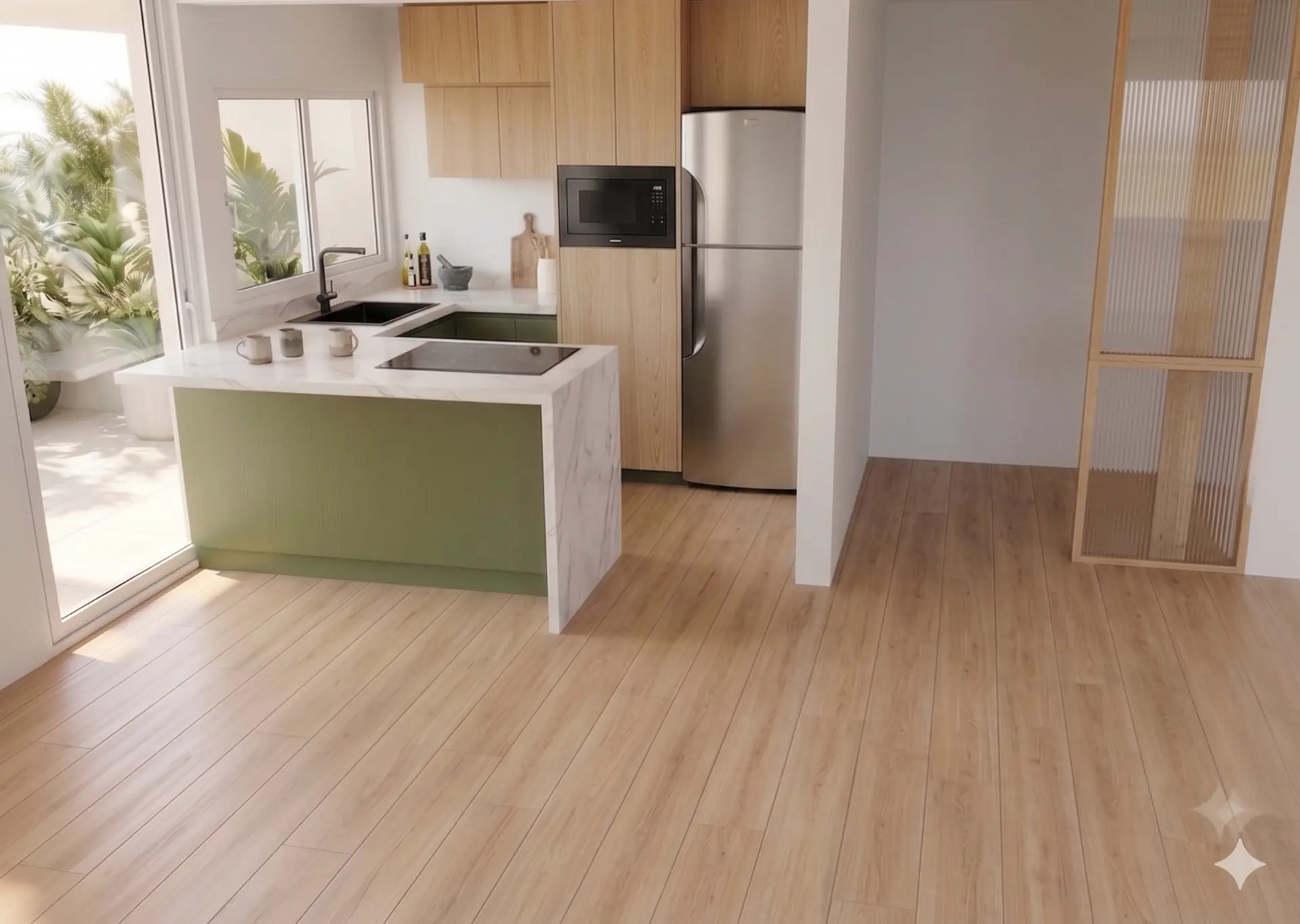 Render de la propuesta de cocina abierta de Pirineos 133, con isla, mobiliario de madera clara y acento verde olivo