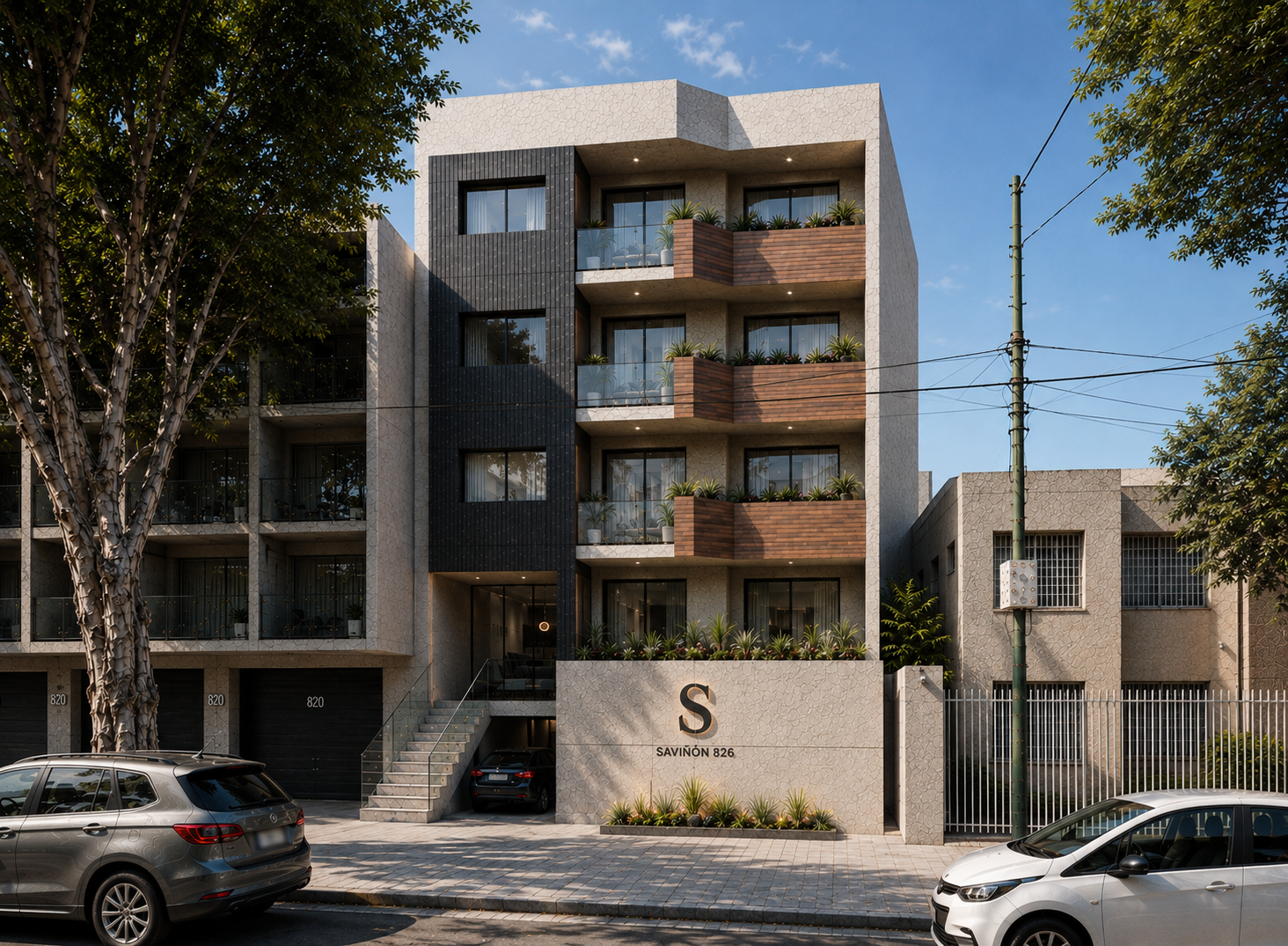 Render de la fachada de Saviñón 826, con balcones, vegetación y acceso desde la calle