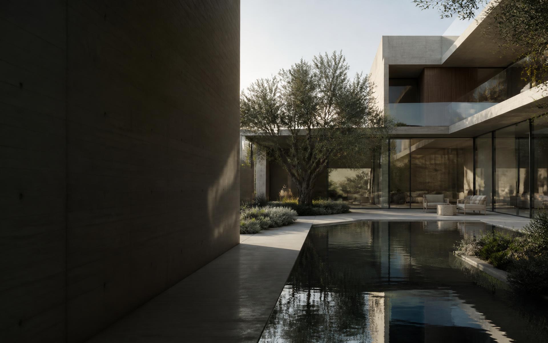 Arquitectura residencial contemporánea conceptual con concreto, vegetación y un espejo de agua